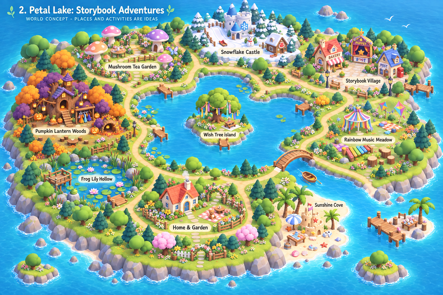 Storybook Adventures concept map: nine distinct districts surround Petal Lake, with a boat channel to the sea.