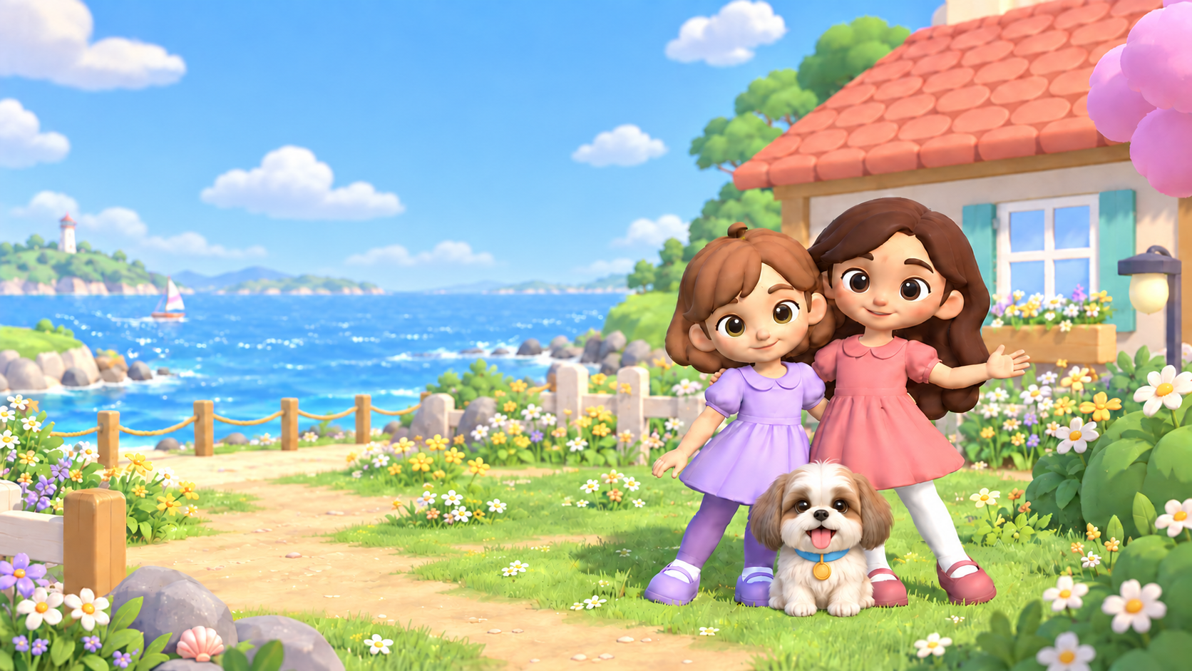 Camilin, Violet, and Toby by their seaside cottage, surrounded by flowers